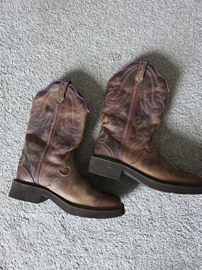 Women's Brown Leather Western Heeled Boots with Purple Stitching